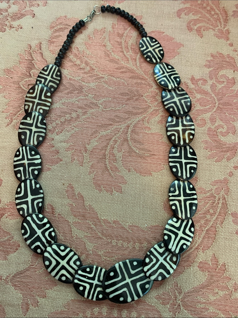 Vintage Black and White Tribal Pattern Beaded Necklace